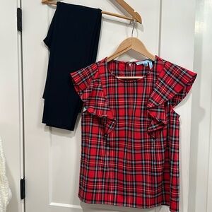 Draper James holiday top (6) and navy leggings (XS)